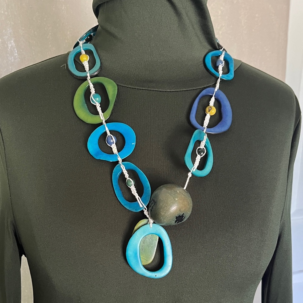 Handcrafted Tagua Nut Blue & Green Statement Necklace - Artisanal Women Jewelry
